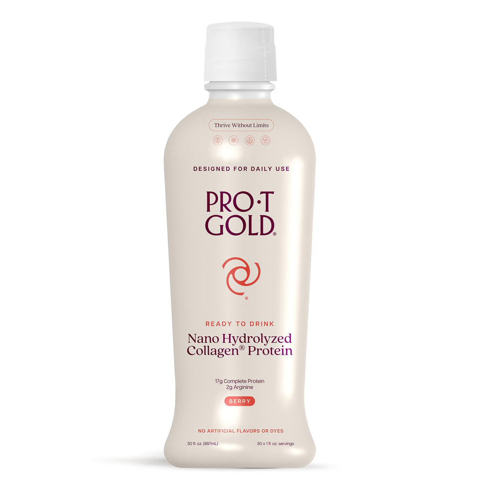 ProT Gold Berry bottle front view shows ready-to-drink protein on the go.
