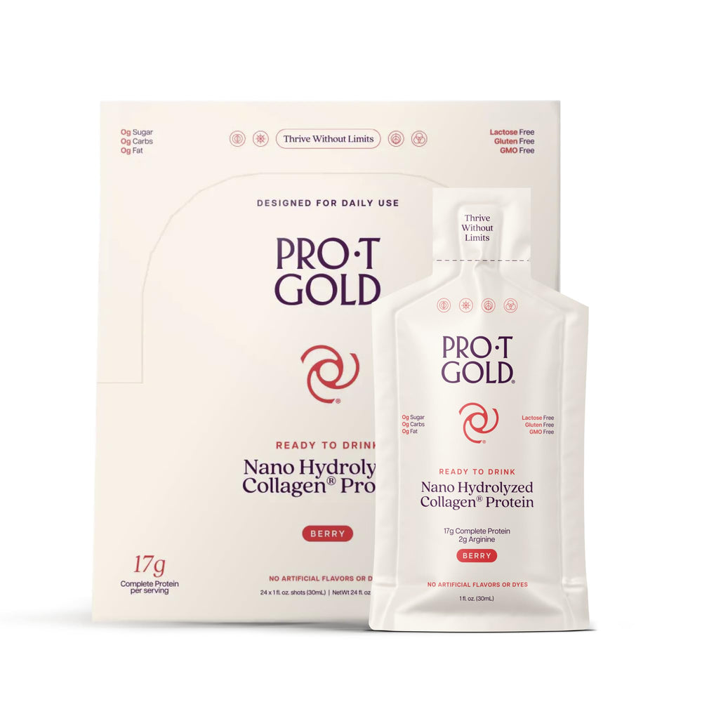 ProT Gold berry bottle of liquid collagen shot for convenient on-the-go protein support.