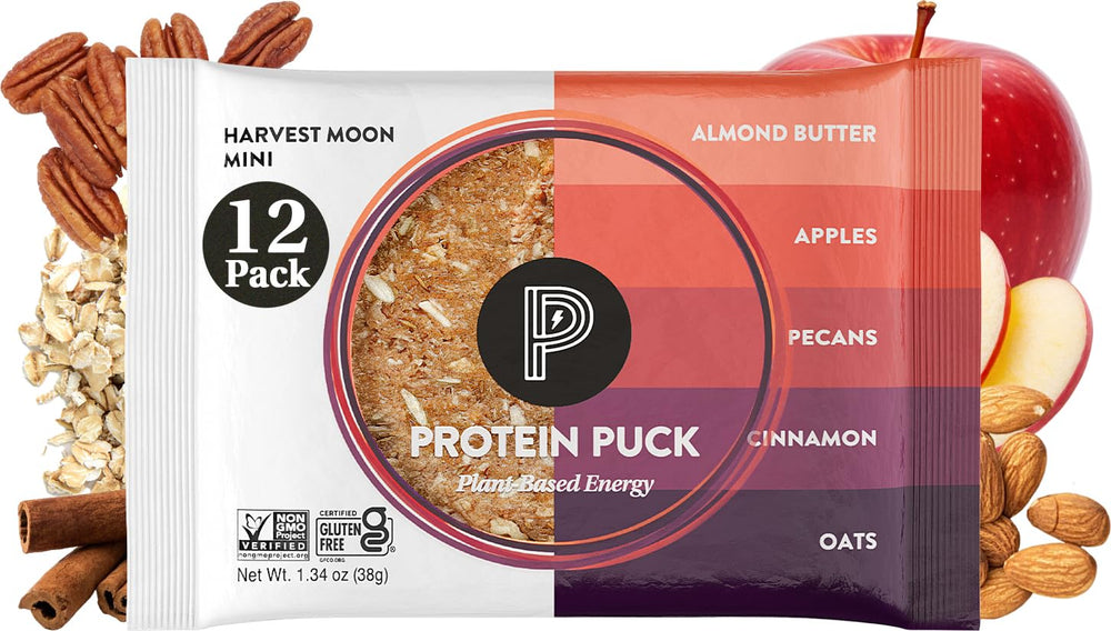 Protein Puck Harvest Moon apple cinnamon pecan bar: wholesome vegan protein snack for busy days.