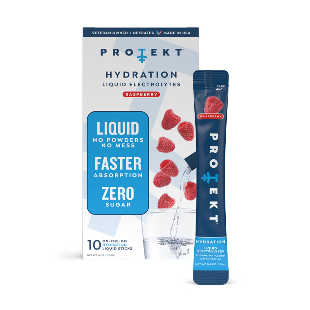 PROTEKT Raspberry packet closeup highlighting quick hydration on the go.