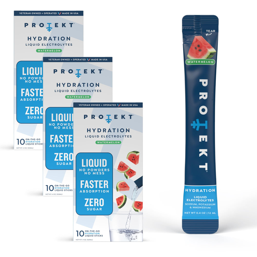 PROTEKT watermelon electrolyte packets dissolving in water for rapid hydration