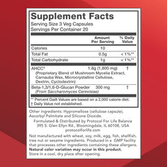 Bottle label shows AHCC 600mg ingredients supporting immune balance and liver health