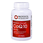 PROTOCOL FOR LIFE BALANCE CoQ10 bottle with 600mg softgels for energy support.
