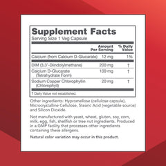 DIM 200 Plus CDG capsules close up on bottle for calcium D glucarate benefits