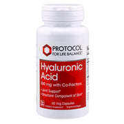 Protocol For Life Balance hyaluronic acid bottle shows 100 mg capsules for skin and joints.