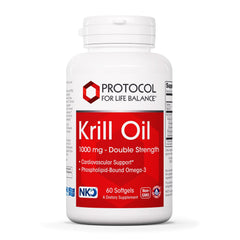 Protocol for Life Balance krill oil bottle with rich omega-3 content for heart support.
