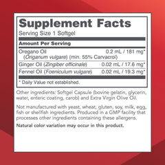 Oregano oil softgels with ginger and fennel oils shown for flavor and gut support