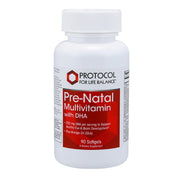 PROTOCOL FOR LIFE BALANCE prenatal DHA bottle highlights DHA for infant eye and brain development.