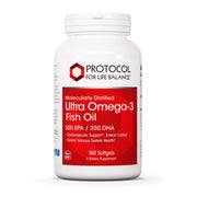 Protocol Ultra Omega-3 bottle front illustrates non-GMO, halal softgels for daily heart and brain support.
