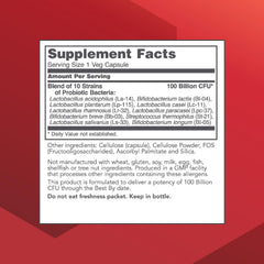 ProtoDophilus 100 Billion capsules close-up shows ten probiotic strains.