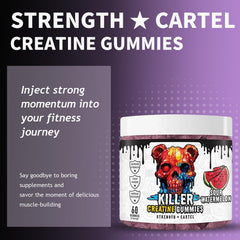 PROZENITH Cartel Killer Creatine Gummies on shelf, tasty addition to strength routines.