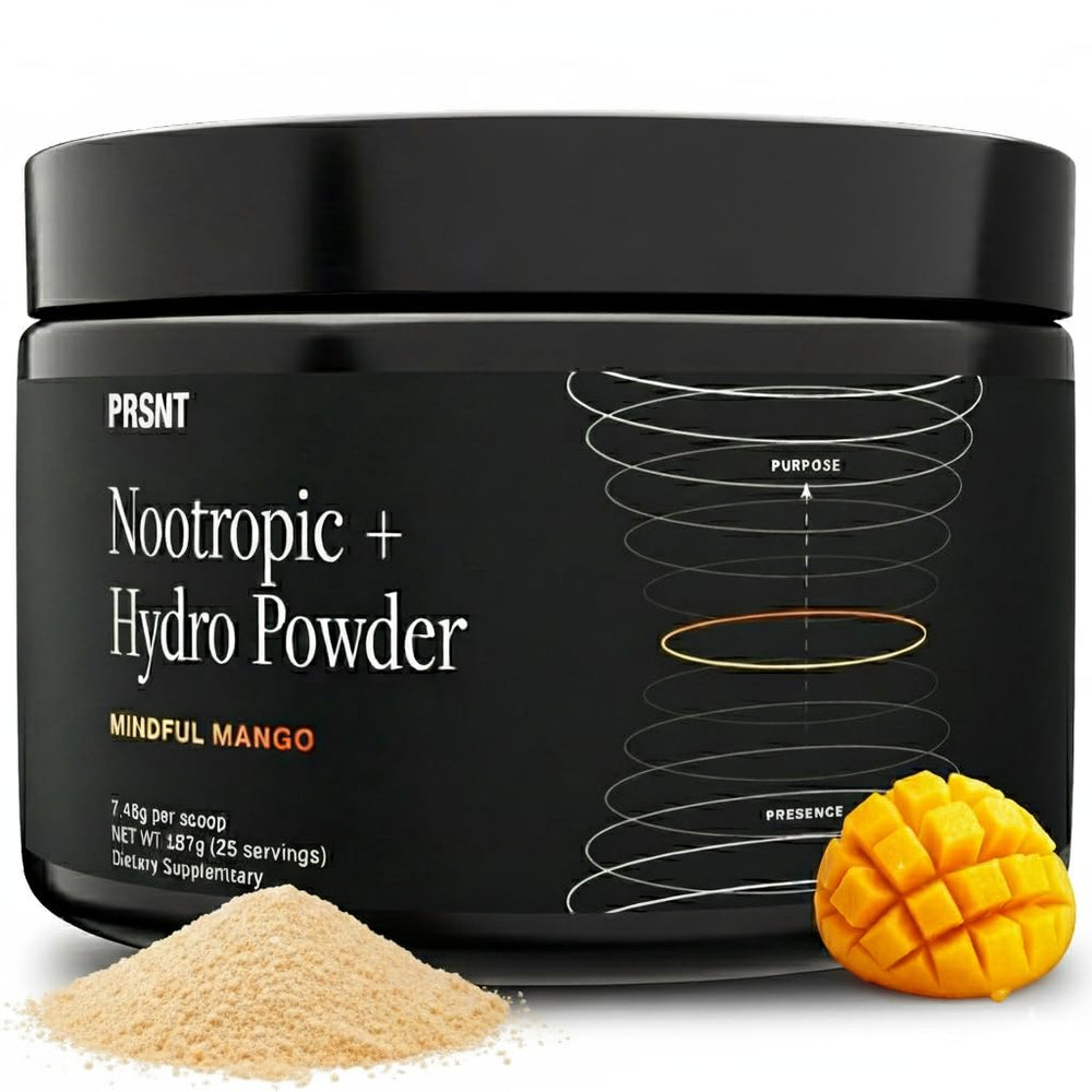 PRSNT Mango Focus powder in tub for daily focus and hydration.