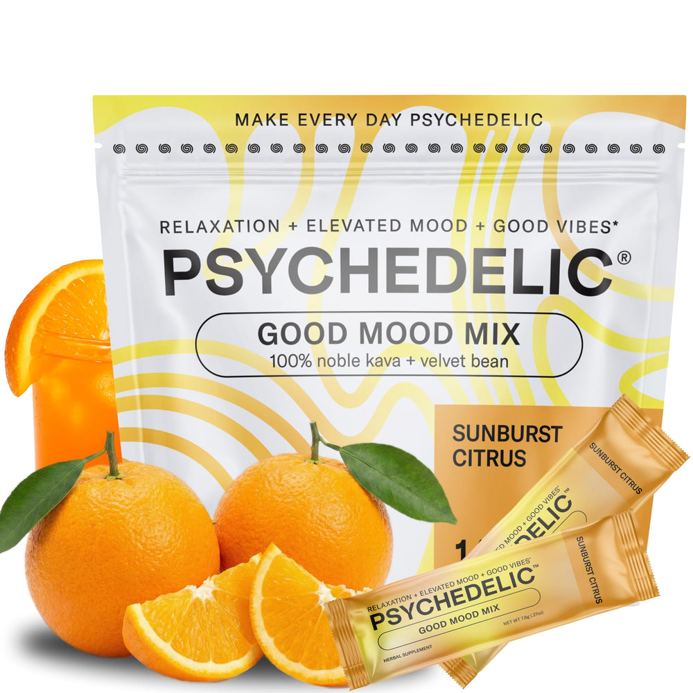 Psychedelic Water Calming Kava Drink Mix bottle with sunburst citrus for relaxation