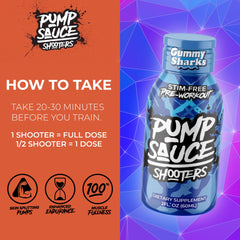Pump Sauce Shooters Gummy Sharks ingredients label shows vegan and gluten-free notes