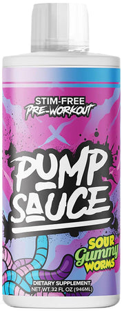 Pump Sauce bottle pour showing Sour Gummy Worms for a powerful pre-workout pump.
