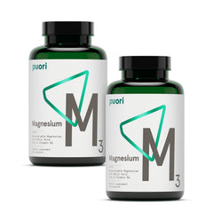 Puori Magnesium Complex en botella con cápsulas para soporte muscular y relajación.