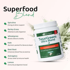 Pur Tesai TesaiGreens Ultra ingredients panel featuring greens and mushrooms.