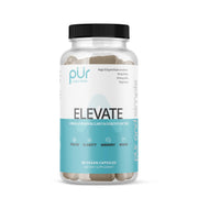 Pur Wellness Elevate bottle displays mushroom blend capsules for focused energy.
