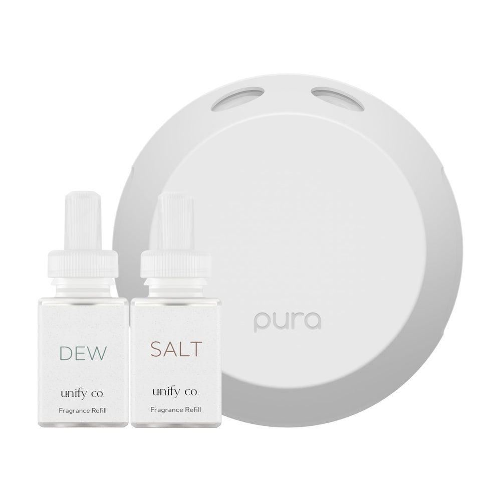 Pura 4 diffuser with Dew refill shown in square box, ready to personalize ambiences