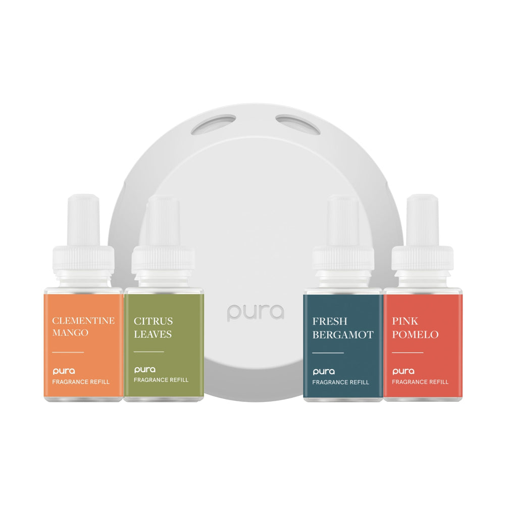 Pura 4 diffuser with starter set and vials for customizable home fragrance.