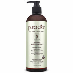 PURA D'OR Organic Massage Oil bottle and ingredients suggest nourishment