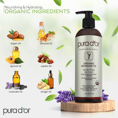 PURA D'OR massage oil lavender-ginger closeup highlights calming aroma for relaxation
