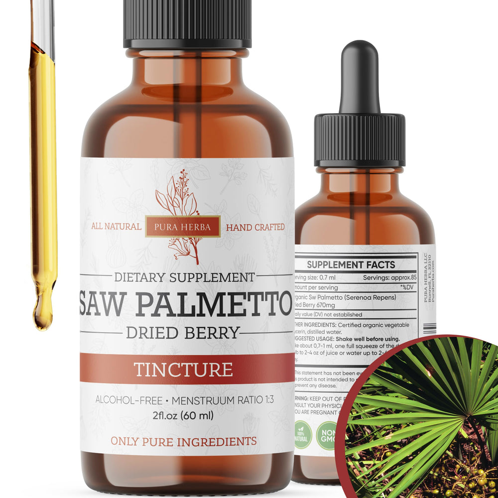 Pura Herba Saw Palmetto tincture bottle with dropper for convenient daily use.