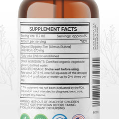 Pura Herba slippery elm tincture dropper showing easy dosing for digestive comfort.