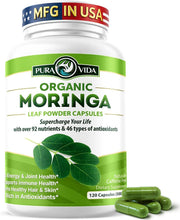 PURA VIDA MORINGA capsules bottle closeup, highlighting organic purity for daily use