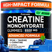 PURA WEX Nutrition creatine gummies blueberry bottle front for quick pre-workout energy.
