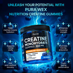 PURA WEX Nutrition creatine-monohydrate gummies blueberry pack close-up.