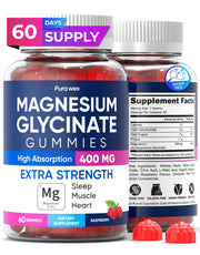 PURA WEX Nutrition magnesium glycinate gummies bottle shows high-absorption magnesium for daily balance.
