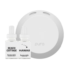 Pura 4 diffuser on table showcasing customizable scent for your living room.
