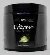 Puradyme LIYFZYME powder bottle on kitchen counter supporting digestion after meals