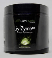 Puradyme LIYFZYME powder bottle on kitchen counter supporting digestion after meals