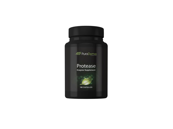 Puradyme Protease 180 capsules bottle showing digestion support.