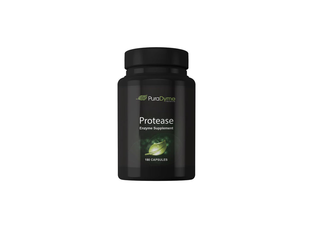 Puradyme Protease 180 capsules bottle showing digestion support.