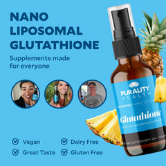 PURALITY HEALTH liposomal glutathione label highlights vegan, non-GMO formula and vitamin C.