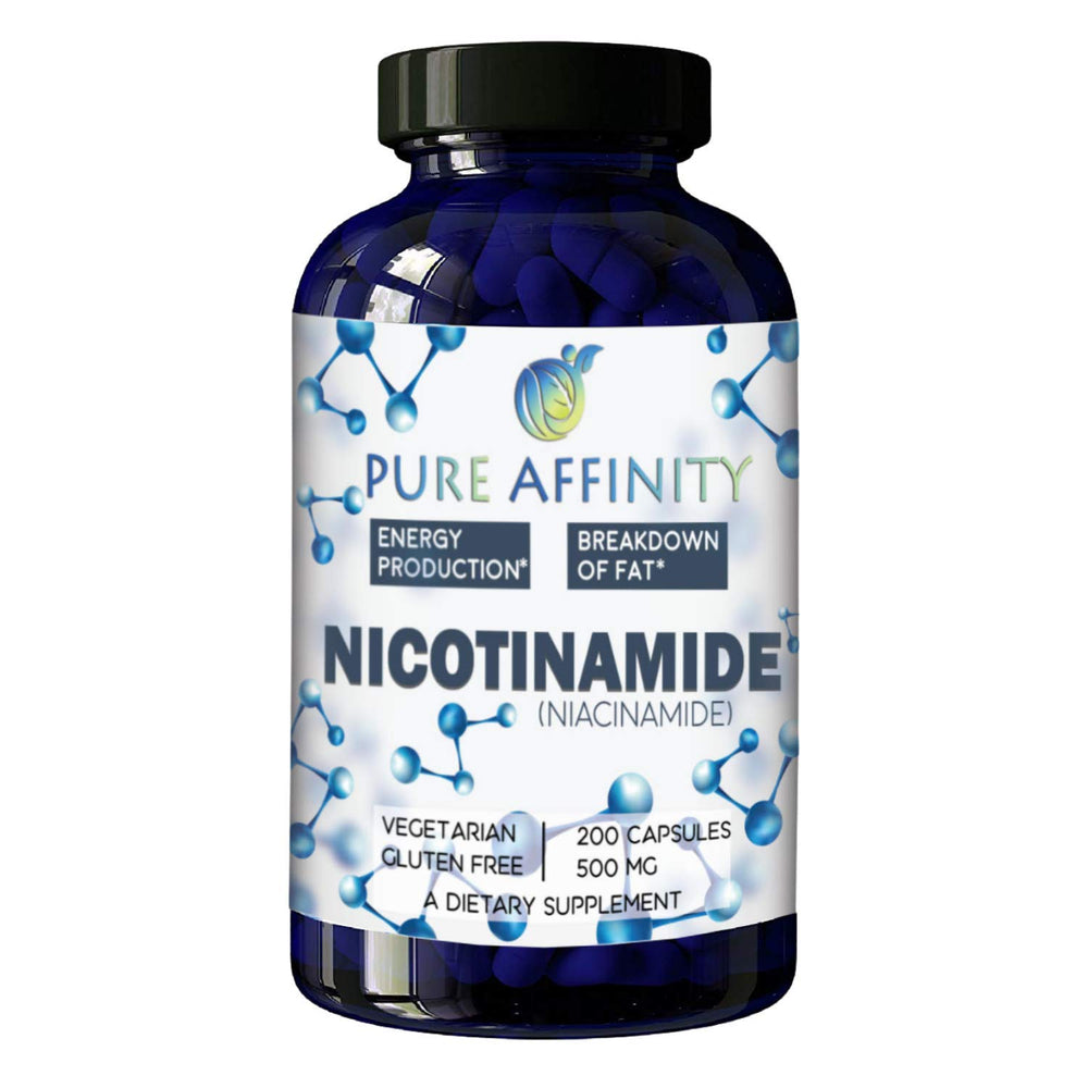 Pure Affinity Nicotinamide bottle front view for energy support and fat metabolism.