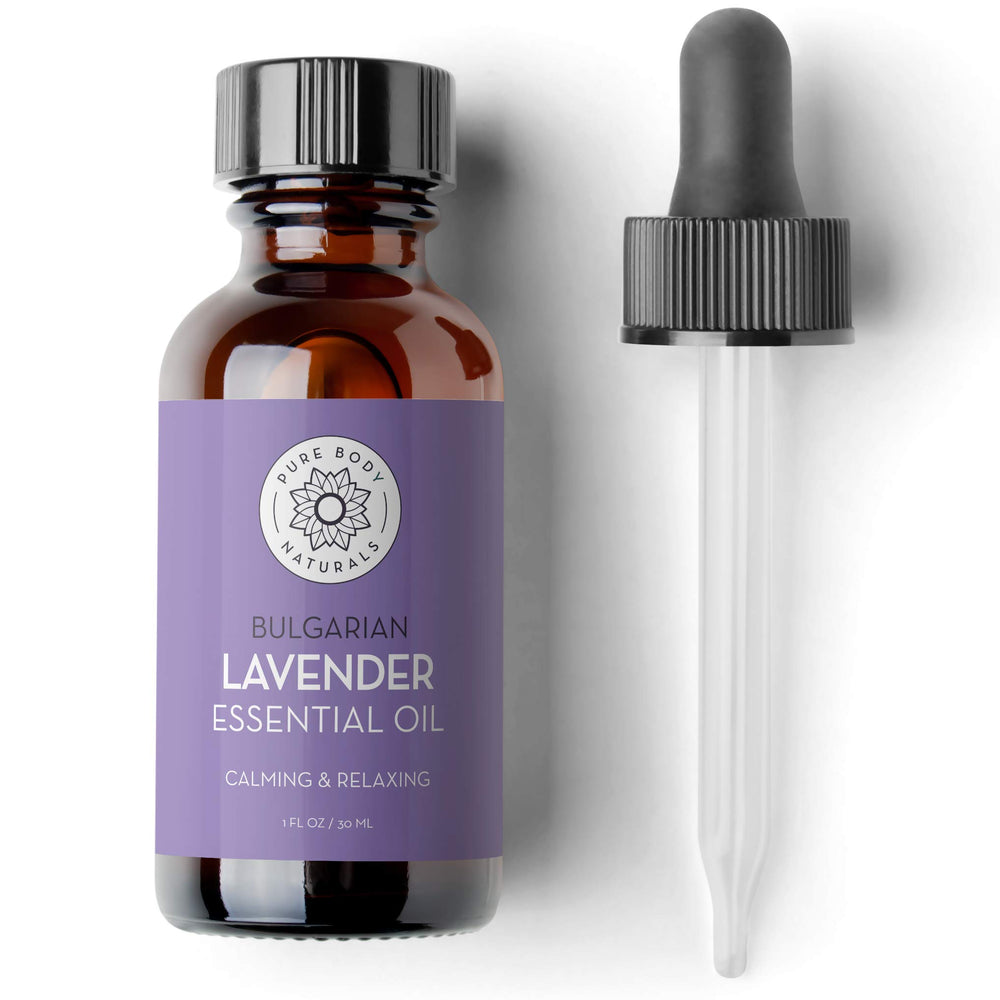 Pure Body Naturals Bulgarian Lavender Oil bottle with dropper for diffuser aromatherapy
