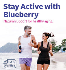 PURE CO blueberry supplement bottle with organic non-GMO vegan seal.