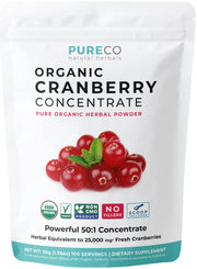 Pure Co cranberry concentrate powder bottle label close-up supporting urinary health