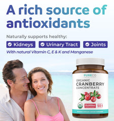 Pure Co Cranberry Pills amber bottle on shelf; supports daily urinary health.