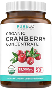 Pure Co Cranberry Pills bottle closeup; vegan capsules may support urinary health.