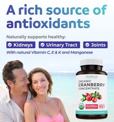 PURE CO Cranberry Pills packaging box emphasizes organic and non-GMO quality
