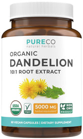 Pure Co dandelion root extract bottle, convenient capsules for daily vitality support.