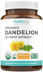Pure Co dandelion root extract bottle, convenient capsules for daily vitality support.