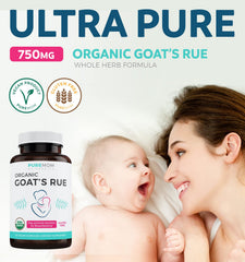 Close-up of Pure Co Goat's Rue capsules for daily lactation support.