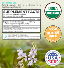 Pure Co Goat's Rue packaging highlighting organic, non-GMO ingredients.