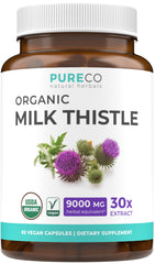 Pure Co Milk Thistle bottle label shows USDA Organic seal for potential liver wellness.